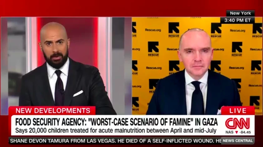 Bob Kitchen speaking with a CNN anchor about food insecurity in Gaza